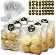100PCS Translucent Plastic Cellophane Bags for Cookies, Treats, Pastries - Clear Storage for Kitchen Baking, Wedding Gifts, Christmas Party Favors With Labels