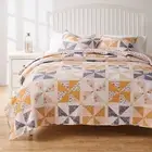 PINWHEEL POSEY 3p Queen QUILT SET : FARMHOUSE COUNTRY FLORAL YELLOW BLUE GINGHAM