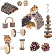 Roczential 11Pcs Hamster Toys Set Natural Wood Hamster Cage Accessories with 11-Pack Different Chew Toys Natural Molar Tools for Rabbit Guinea Pig Gerbil Chinchilla.