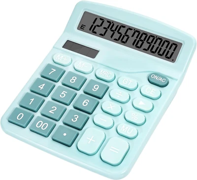 Cute Light Blue Desktop Calculator with Big Buttons, Dual Power Source, Solar an