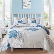 Menghomeus Floral Comforter Set Queen 3 Piece Blue Floral Pattern Printed on Grey Soft Microfiber Bedding Set Lightweight Bed Comforter Set for All Season (1 Comforter, 2 Pillowcases)