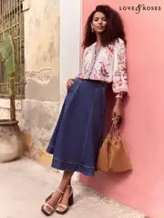 Love & Roses Indigo Blue Denim Fit and Flare Midi Skirt (AL5826) | $102
