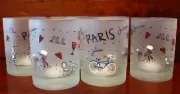 4 Frosted Eiffel Tower Paris designed Glasses/Tumblers.4 1/2 inches tall. New.