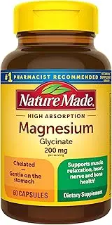 Nature Made High Absorption Magnesium Glycinate 200 mg, Supports Muscle Relaxation, Heart, Nerve, and Bone Health, Gentle on The Stomach, 100% Chelated, 60 Capsules