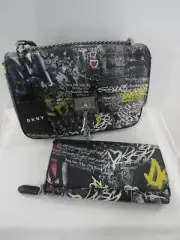 DKNY Crossbody Graffiti Print Elissa Black Yellow w/Matching Wallet Handbag Set