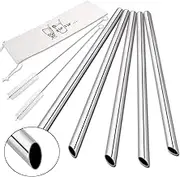 [Angled Tips] 5 Pcs 10" Reusable Boba Straws & Smoothie Straws, 0.5" Wide Stainless Steel Straws, Metal Straws for Bubble Tea/Tapioca Pearl, Milkshakes, Jumbo Drinks | 2 Cleaning Brushes & 1 Case