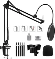 Microphone Stand, Adjustable Suspension Desk Stand with 3/8"to 5/8" 1/4" Screw, Pop Filter, Mic Clip, Cable Ties