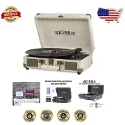 Upgraded Vintage Suitcase Turntable - Bluetooth Speakers & Light Beige Elegance