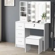 ALFORDSON Dressing Table Stool Set Makeup Vanity Desk with 10 Adjustable LED Light Bulbs & Sliding Mirror, Jewellery Vanity Table Organiser with Storage Drawer Shelves for Bedroom Dressing Room, White