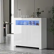 Oikiture Buffet Sideboard, LED Kitchen Table Storage Cabinet with High Gloss and Open Shelf White