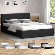 ALFORDSON Bed Frame with Gas Lift Storage Base Double Size, Bed Platform Foundation with Linen Fabric Upholstered Tufted Headboard for Mattress Topper, Tricia Fabric Charcoal