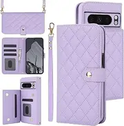 SsHhUu Crossbody Wallet Case for Google Pixel 8 Pro 2023,with Wrist Strap Shockproof PU Leather RFID Blocking Card Holder Double Magnetic Clasp Flip Kickstand Cover for Women Men,Purple