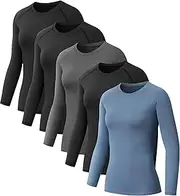 [NebuKinex] 5 Pack Women's Compression Shirt Long Sleeve Workout Tops Athletic Baselayer Quick Dry Gym Yoga Running T-Shirt