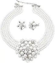 [Generic] 5 Rows Rhinestone Accented Simulated Floral Pearl Cluster Necklace, Earring 2 Set