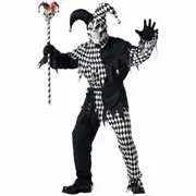 Evil Jester Mardi Gras Joker Horror Clown Black White Halloween Men Costume