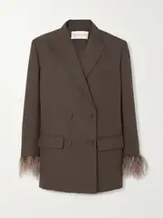 [Valentino Garavani] Valentino Garavani - Oversized Double-breasted Feather-trimmed Woven Blazer - Brown - IT42 IT 42 Brown