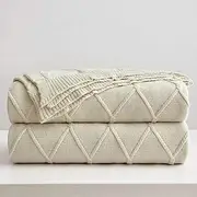 Longhui bedding 100% Cotton Cream Lightweight Cable Knit Throw Blanket with Bonus Laundering Bag for Couch Sofa Bed – Large 60 x 80 Inch, Machine Washable, Home Décor, Beige