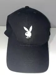 Playboy Bunny Hat Cap Embroidered Adjustable Size OSFA Black Hugh Heffner Logo