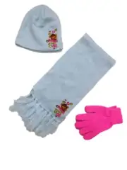 Girls Blue Monkey "Cutest of them all" Winter Beanie Hat Scarf & Pink Gloves Set