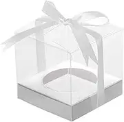 AcbbMNS 24Pcs Clear Plastic Cupcake Boxes 3.5 inch Individual Cupcake Boxes with Silver Inserts and Ribbons, Single Cupcake Container Cupcake Carrier Holder Box