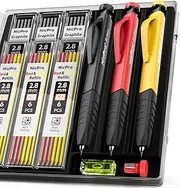 Nicpro Carpenter's Pencils Set, 3 Solid Carpenter's Pencils with 39 Refills and Removable Finger Grips, Deep Hole Marker with Built-in Sharpener for Woodworking, Construction Site with Case