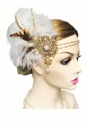 1920s Bridal Headband White Feather