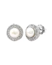 Silver 0.11 ct. tw. Diamond 6.4mm Pearl Earrings