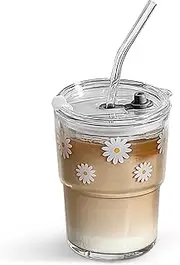 Olvini 13oz Glass Tumbler with Straw and Lid, Reusable Iced Coffee Cup Tumbler, Cute Glass Cups for Water, Matcha, Travel Coffee Mugs (Daisy)