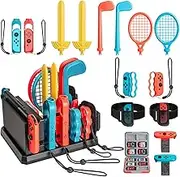 Tendak 16in1 Switch Sport Zubehör Set für Nintendo Switch/Switch OLED, Switch Sport Spielzubehör Kit mit Golfschläger/Badminton-Tennisschläger/Armbändern/Beingurt/Schwert/Boxgriffe/Organizer-Ständer