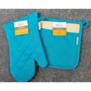 MU Kitchen Oven Mitt Potholder Aquamarine 100% Cotton Terry Lined 2pc Set Gift