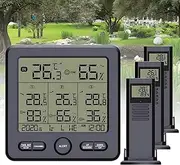 Weather Station with 3 Sensor, Indoor Outdoor Thermometer Hygrometer LCD Display Digital with Backlight, Transmission Distance 100M, Alarm Function, 7 Languages, Clock Display Black