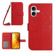 Skin Feel Sun Flower Embossed Flip Leather Phone Case with Lanyard, For iPhone 16, For iPhone 15 Pro Max