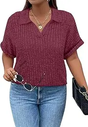 [Koscacy] Women Autumn 3/4 Roll Sleeve V Neck Tunic Shirts Plaid Block Flowy Tops