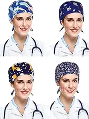 SATINIOR 4 Pieces Scrub Cap Bouffant Turban Cap Adjustable Bouffant Hats for Women and Men (Blue Color Series)