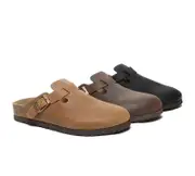 EVERAU® Women Leather Adjustable Buckled Straps Slip-on Flat Sandal Slides Brooklyn - Chestnut / AU Ladies 8 / AU Men 6 / EU 39