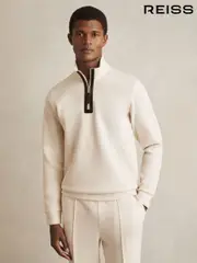 Reiss Off White Hale Leather-Placket Interlock Sweatshirt (F06903) | $240