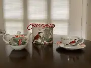 Fringe Fine Porcelian Tea For One Holly Bird Theme Teapot, Teacup, And Saucer