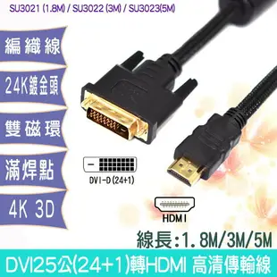 fujiei DVI25公(24+1)轉HDMI 高清螢幕連接線/DVI-D公 對HDMI公 轉接線1.8M到10M