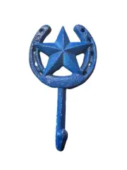 Lucky Horseshoe Texas Star Cast Iron Wall Western Hook Coats Hats Leashes BLUE