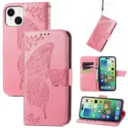 For iPhone 15 Case, Butterfly Emboss PU Leather Wallet Cover, Pink