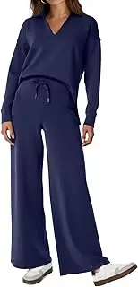 [Generic] Fashion Womens Two Piece Long Sleeve Wide Leg Pants Lounge Set Loose Fit Pant Sets Sweatsuits Polo Top Drawstring Tracksuit Chic
