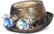 [LINCYS] Leather Steampunk Hat for Men Fedora Hat Pork Pie Hat Gear Glasses Flat Top Hat for Gentleman Bowler Gambler Cosplay Hat