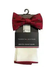 Tommy Hilfiger Bowtie & Pocket Square Set Adjustable Red Trees Bow Tie NWT $69