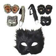 Faux Fur Foxes Tail Cat Wolf Cosplay Costume Set Plush Mask Fluffy Paw Gloves