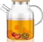 Glass Pitcher with Bamboo Lid, Stove Top Safe Glass Teapot Glass Water Pitcher with Removable Filter Heat Resistant Glass Pitcher Jug Leafproof Glass Kettle Glass Carafe for Hot Cold Tea Juice Water