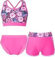 [Choomomo] Kids Girls 3 Piece Tankini Set Swimsuit Print Crop Top with Boyshorts Briefs Bathing Suit