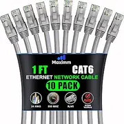 Maximm Cat 6 Ethernet Cable 1 ft (10-Pack) - High-Speed LAN Cable, Internet Cable, Patch Cable, and Network Cable - UTP, 10Gbps, 550MHz Ethernet Cord - Gray