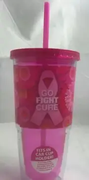 GO FIGHT CURE PINK 20 OZ BPA FREE PLASTIC REUSABLE CUP & STRAW