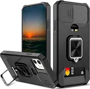 for iPhone 11 Case with Card Holder,Slide Camera Cover and 360° Rotate Ring Kickstand Heavy Duty Protective Phone Cover Case for Apple iPhone 11-Black