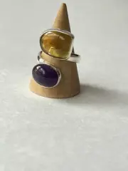 Amber & Amethyst Adjustable Ring 925 Sterling Silver Size 7